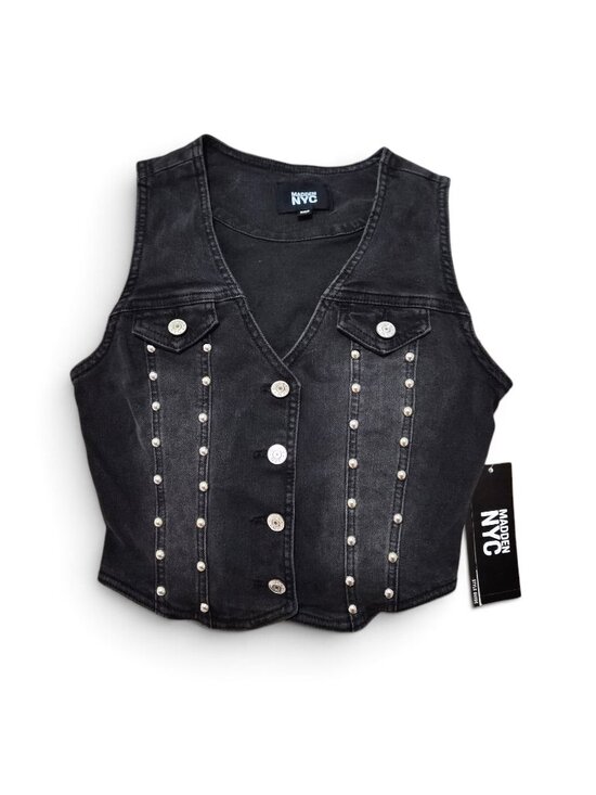 Madden Nyc Jackets & Blazers - Madden NYC Women's Studded Vest Stretch Denim XXS Black Pointed Hem with Buttons